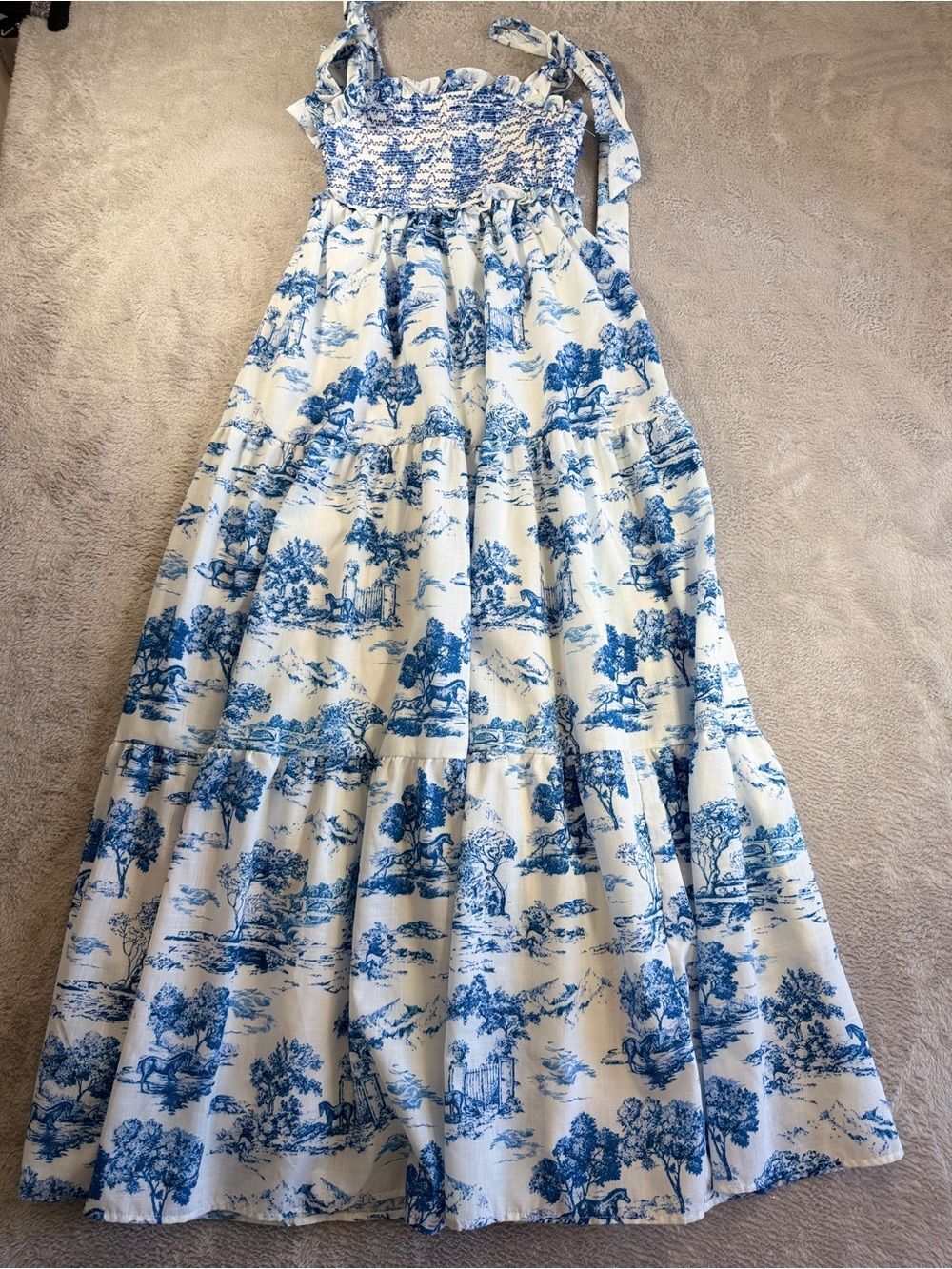 When in Rome Flying Tomato Blue and White Smocked Sundress with Tie Straps M - Picture 4 of 7